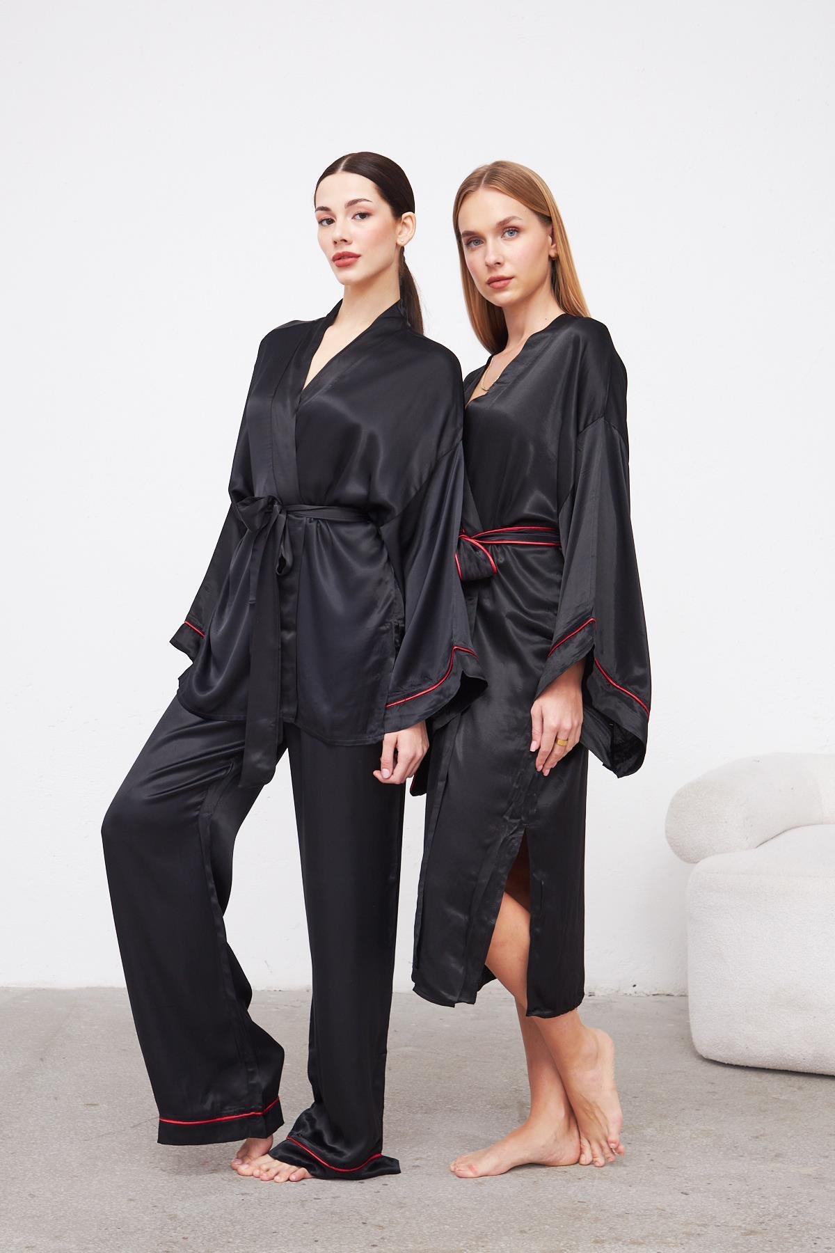 Violet Siyah İpek Saten Pijama Takımı