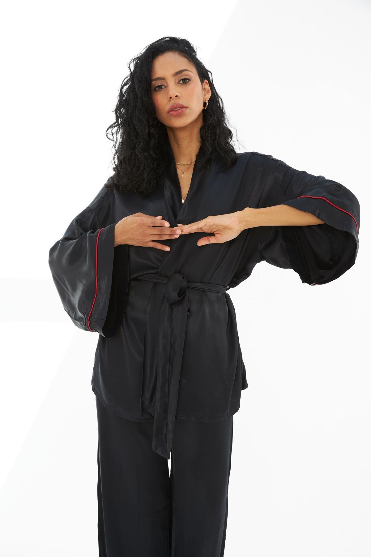 Violet Siyah İpek Saten Pijama Takımı