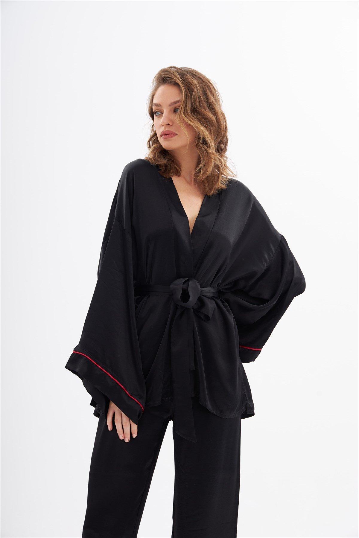 Violet Siyah İpek Saten Pijama Takımı