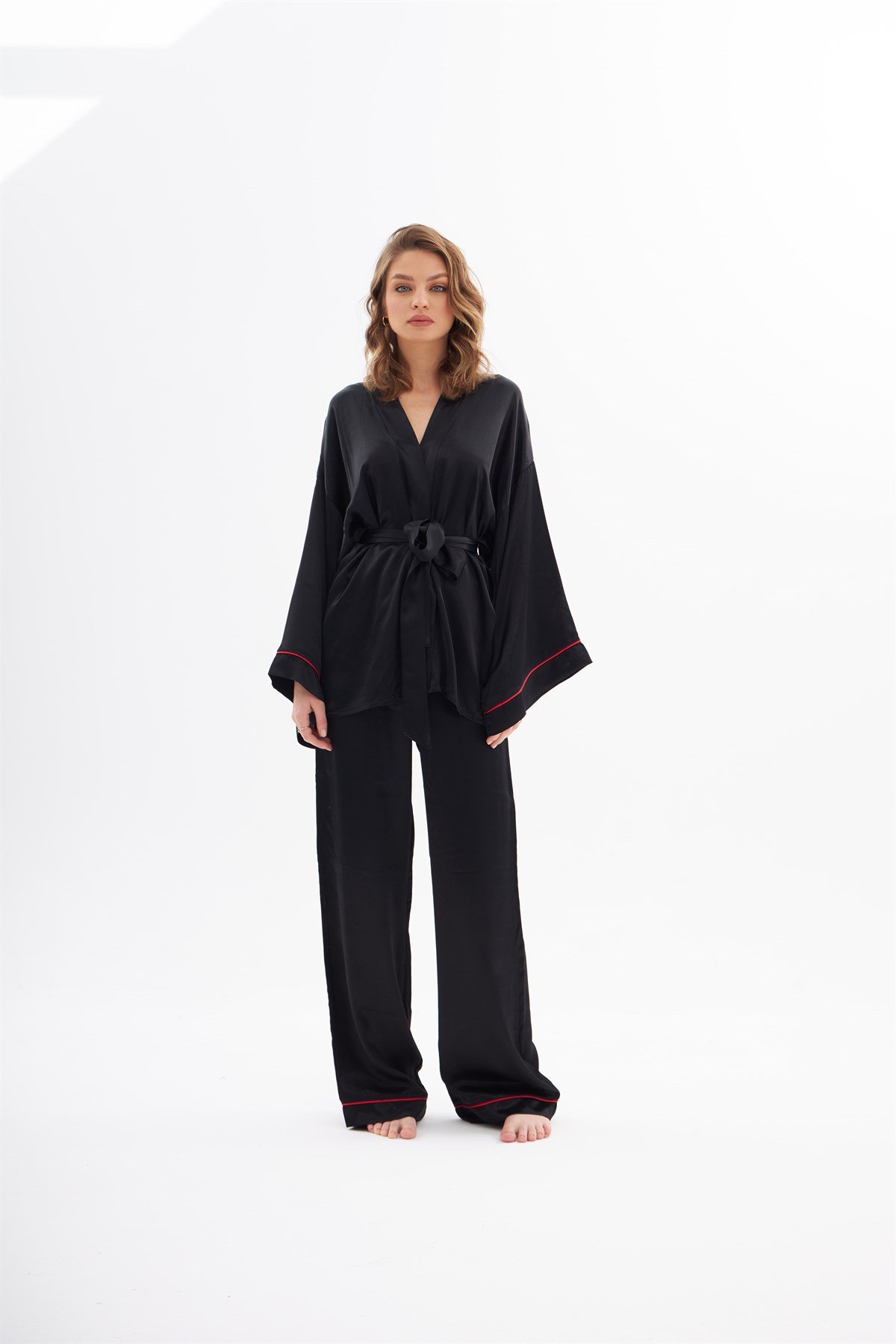Violet Siyah İpek Saten Pijama Takımı