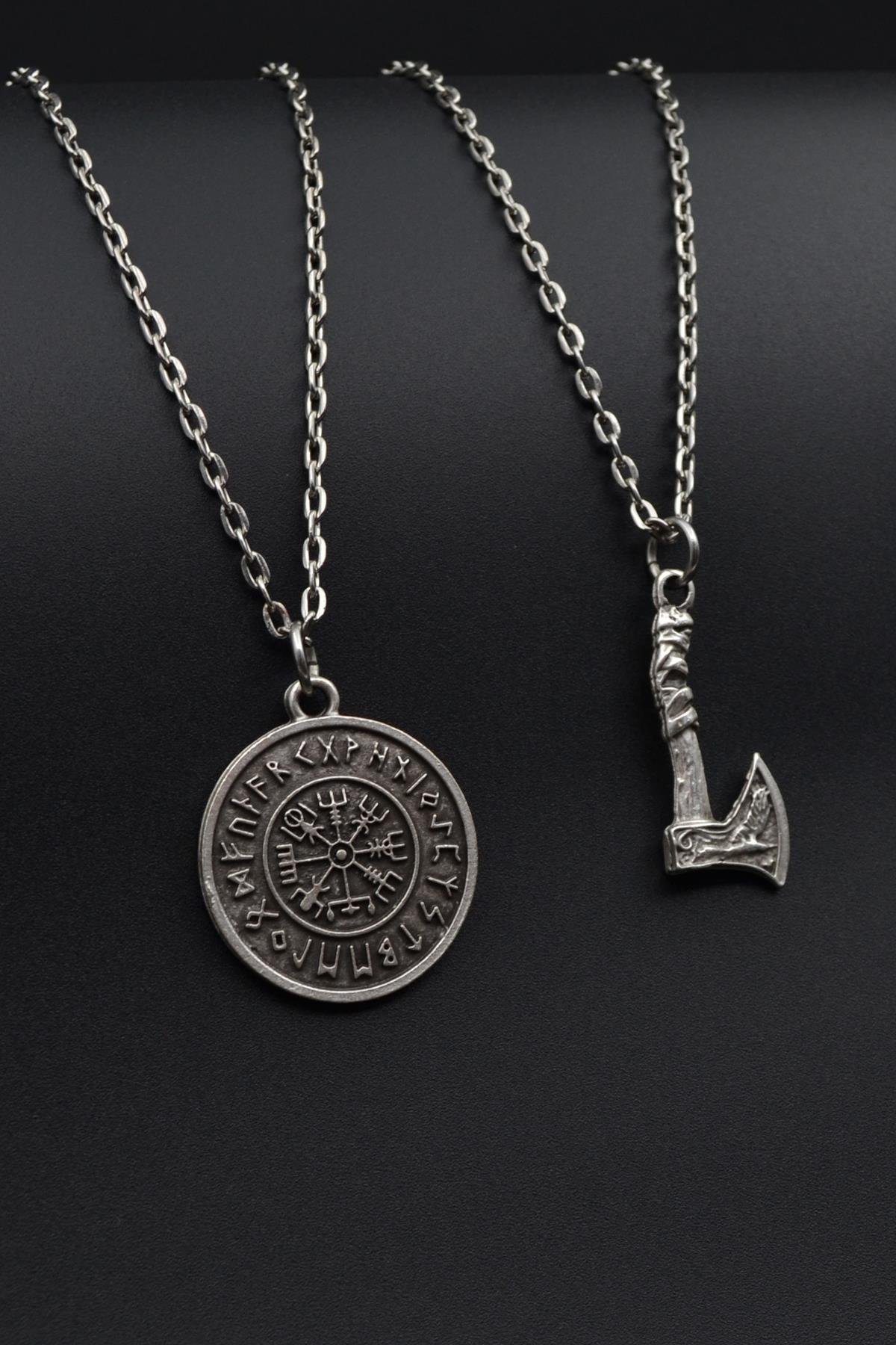 2'li Viking Pusula - Viking Balta Erkek Kadın Kolye Seti 925 Ayar Gümüş Kaplama