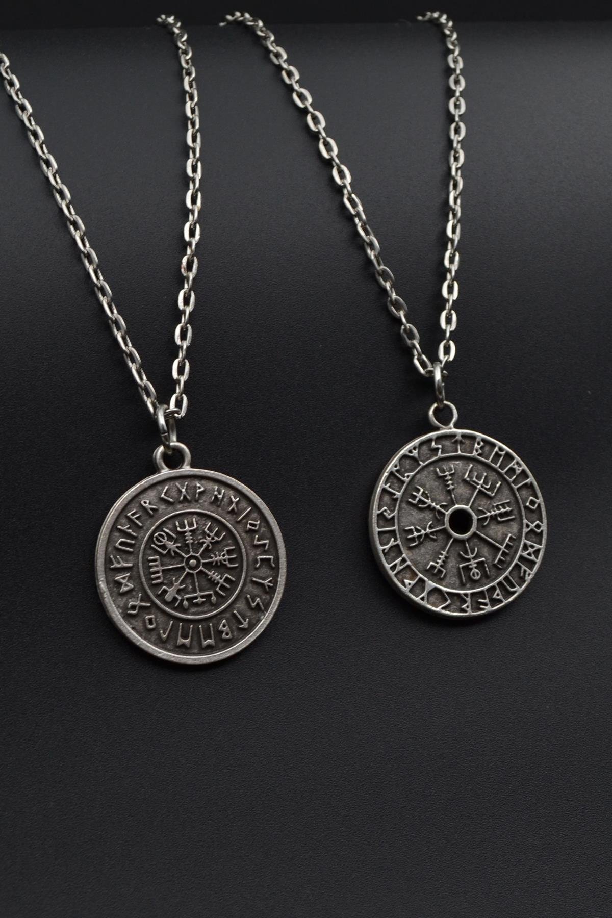 2'li Viking Pusula - Viking Sembolleri Erkek Kadın Kolye Seti 925 Ayar Gümüş Kaplama
