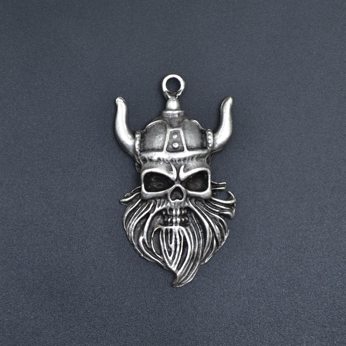 Viking Sakallı Kuru Kafa Kolye Ucu - Antik Gümüş Kaplama