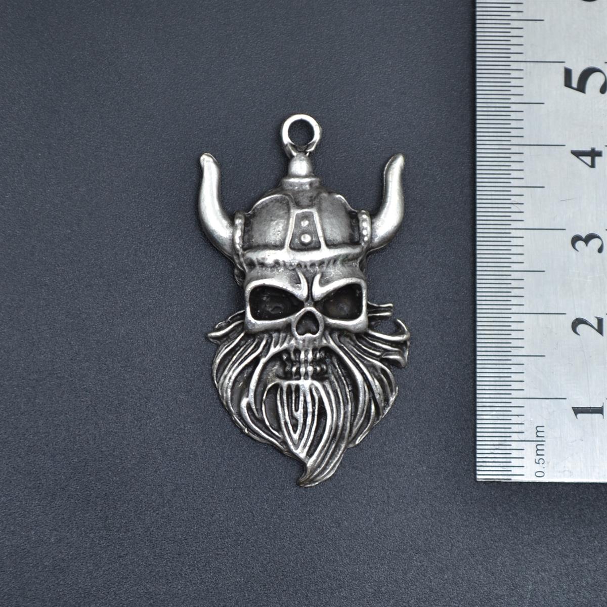 Viking Sakallı Kuru Kafa Kolye Ucu - Antik Gümüş Kaplama