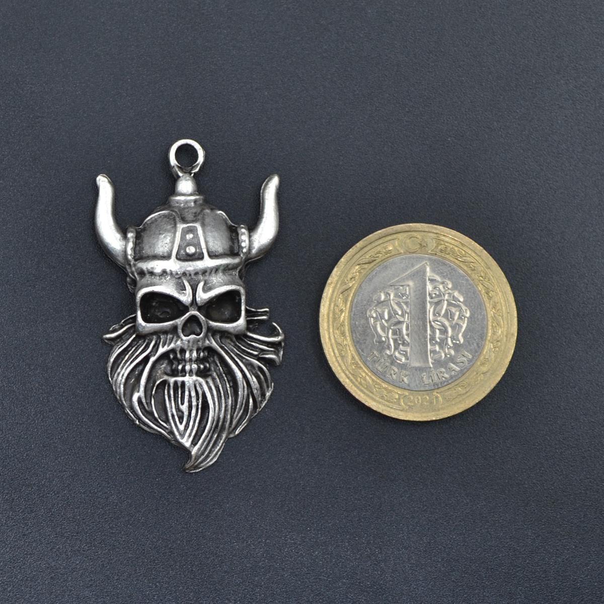 Viking Sakallı Kuru Kafa Kolye Ucu - Antik Gümüş Kaplama