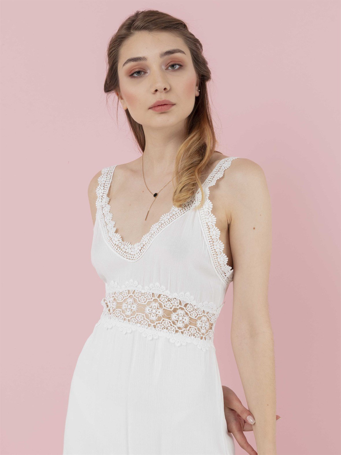 The Natural People Dantel Askılı Maxi Elbise - Off White (Kırık Beyaz)