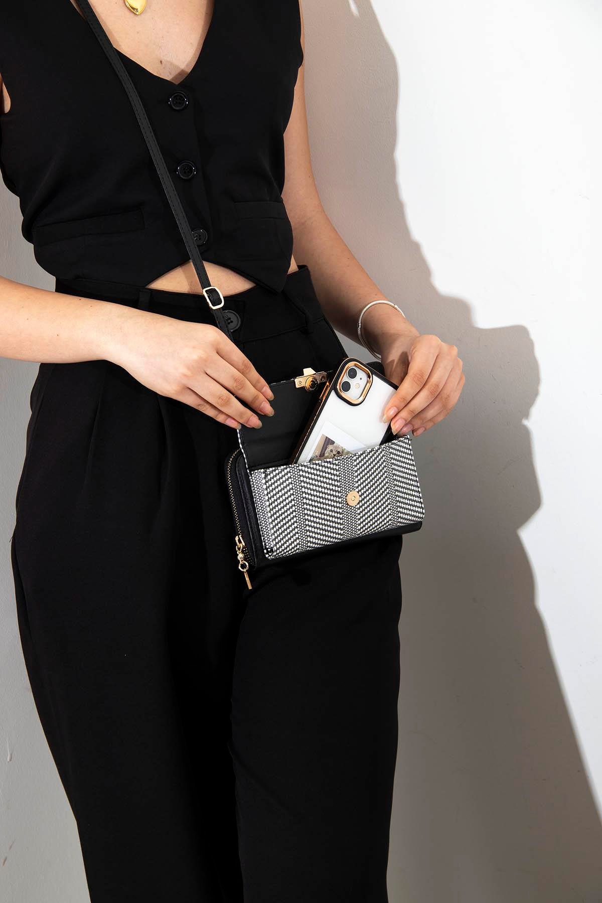 Kadın Askılı Cüzdan Siyah Beyaz - Siyah SP921 Silver & Polo