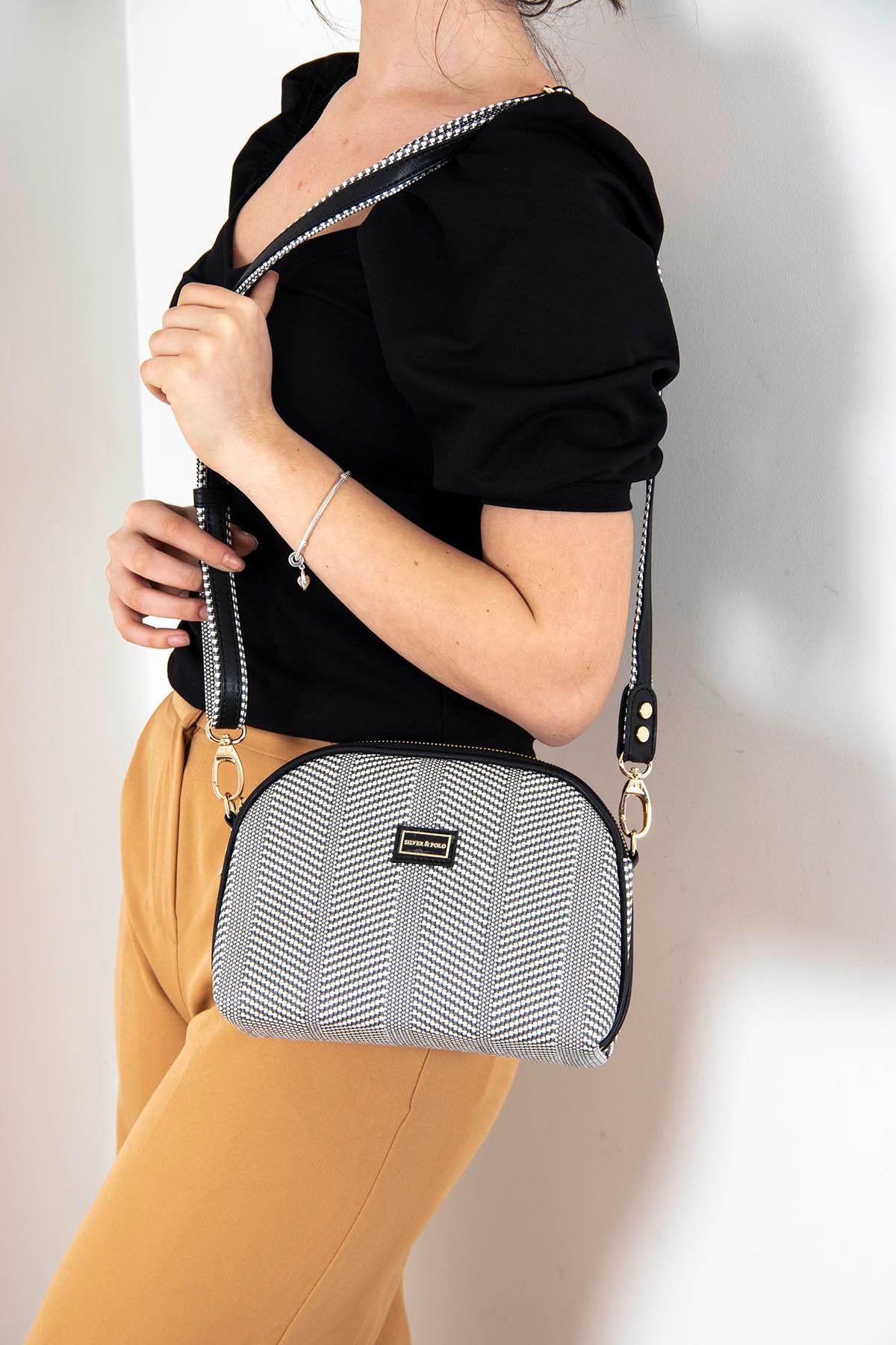 Kadın Çapraz Çanta Siyah Beyaz - Siyah SP765 Silver & Polo