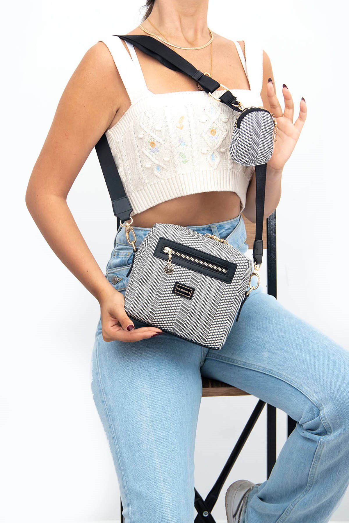 Silver & Polo Siyah Beyaz - Siyah SP1038 Kadın Çapraz Çanta