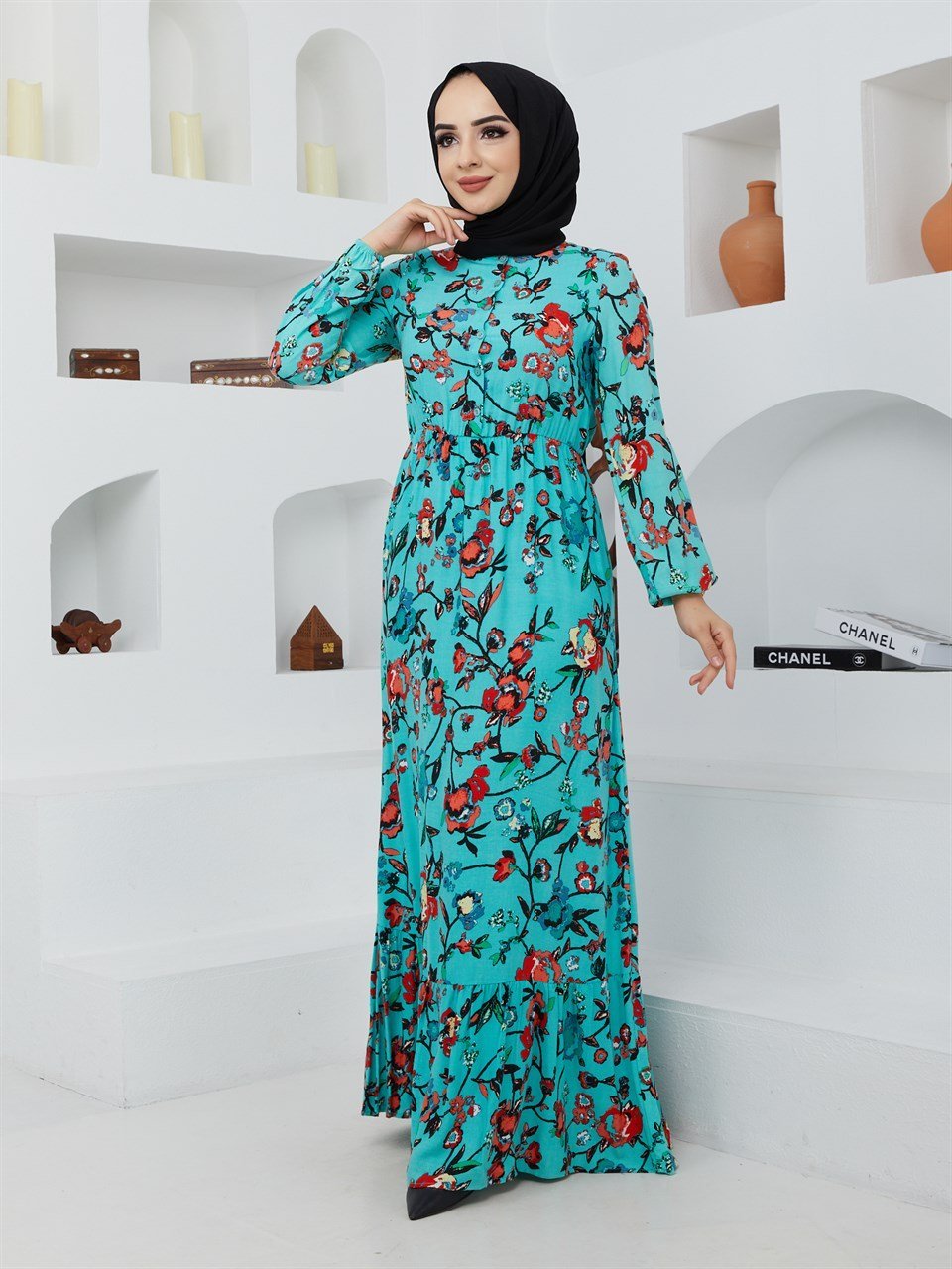 Bahar Dalı Desenli Tesettür Elbise BLB 8800-63 Mint