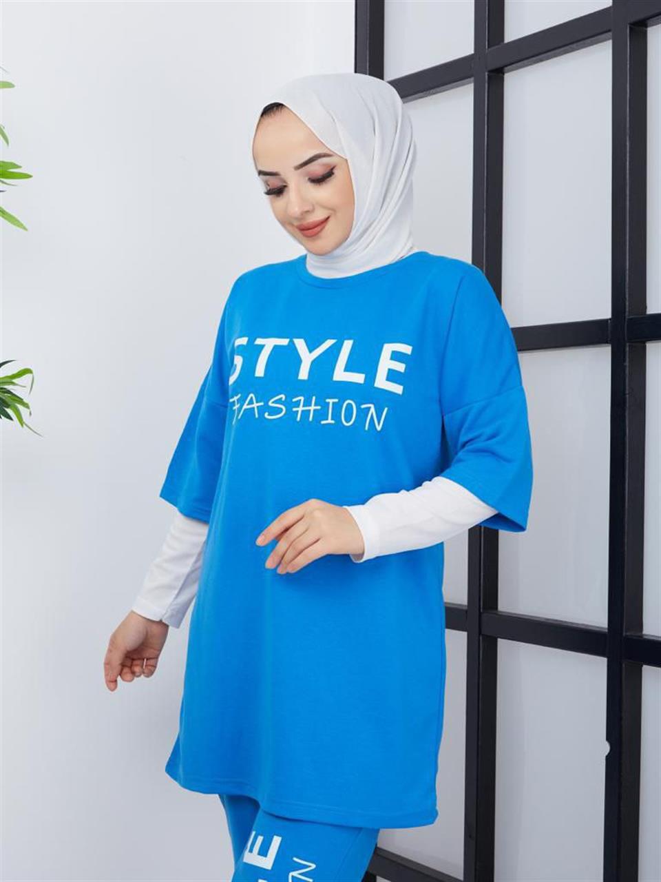 Baskılı Tesettür 3'lü Kombin 6011 Mavi