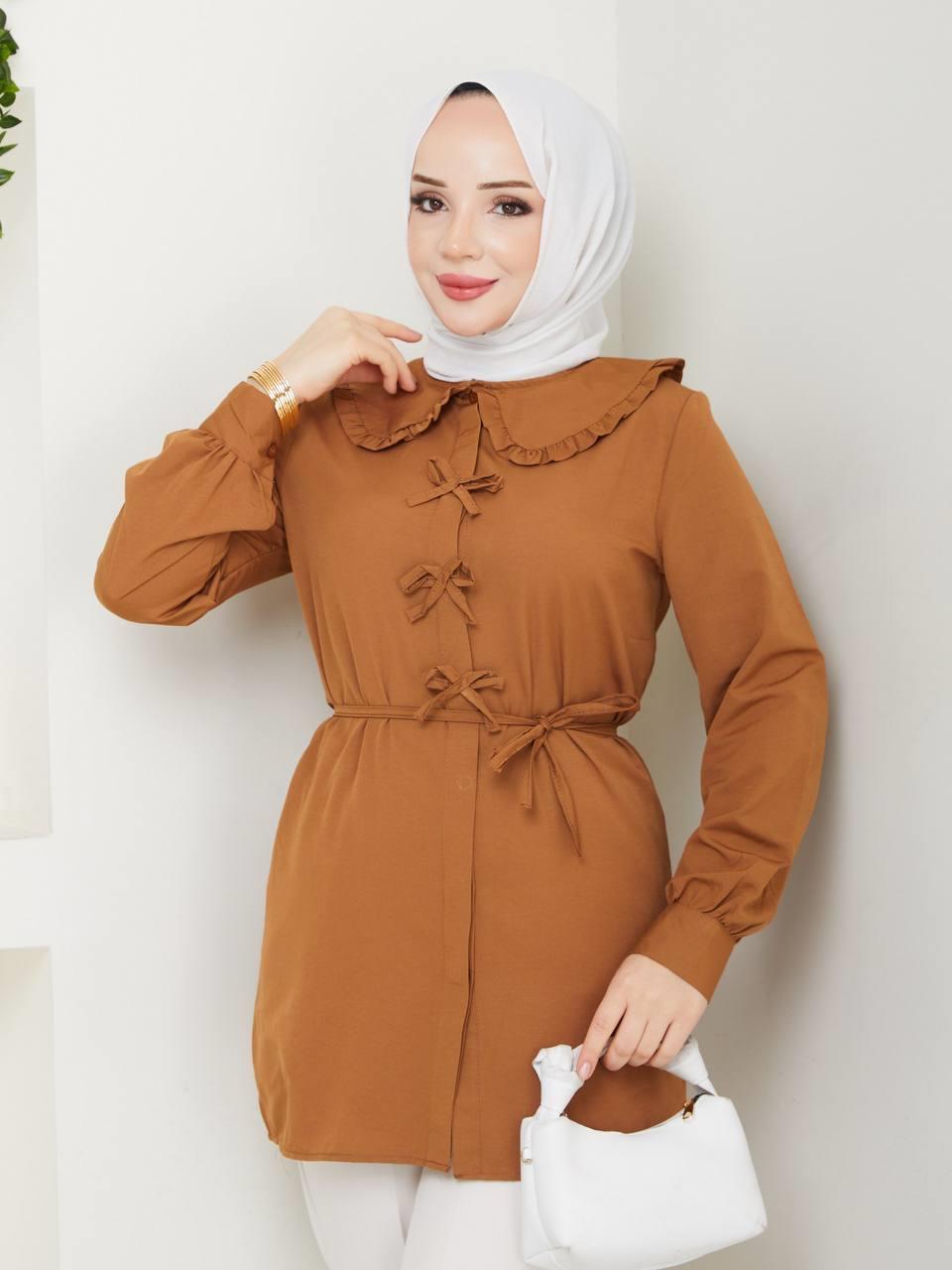 Bebe Yaka Fiyonklu Tesettür Tunik 2280 Taba