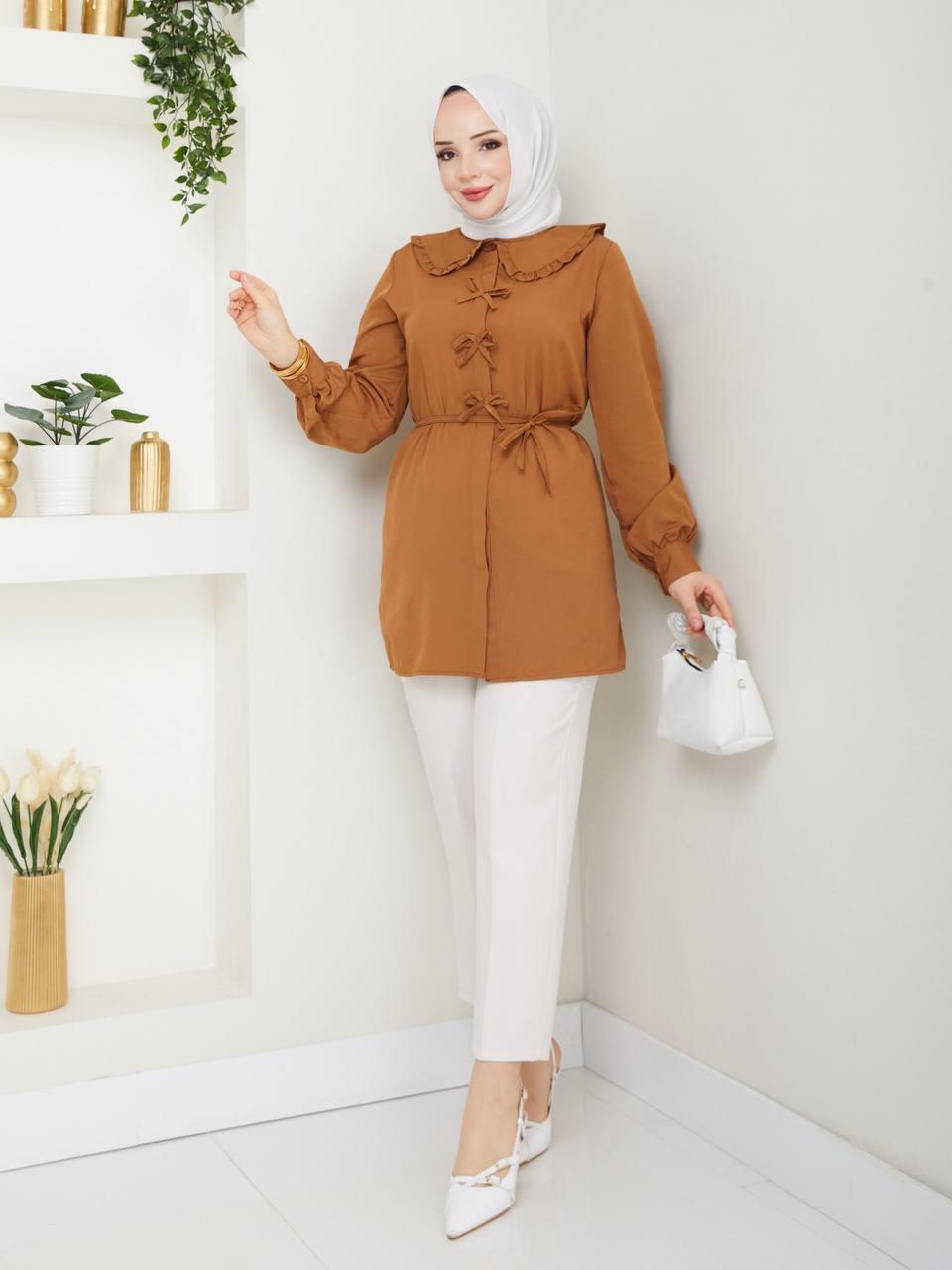 Bebe Yaka Fiyonklu Tesettür Tunik 2280 Taba