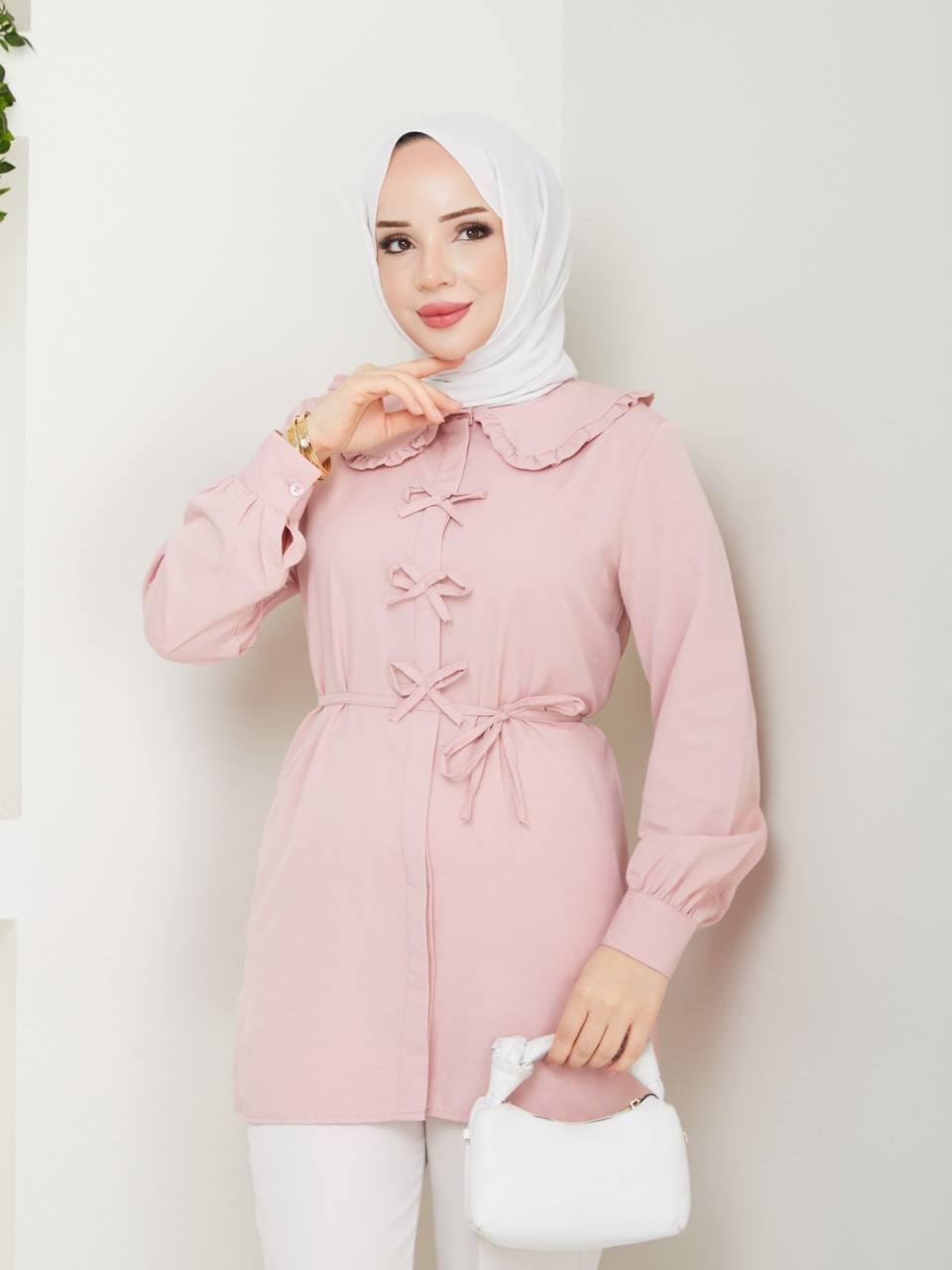 Bebe Yaka Fiyonklu Tesettür Tunik 2280 Gül Kurusu