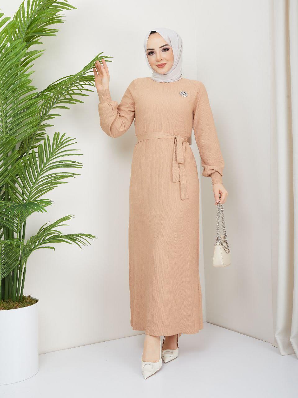Broş Taşlı Tesettür Elbise 6038 Bej