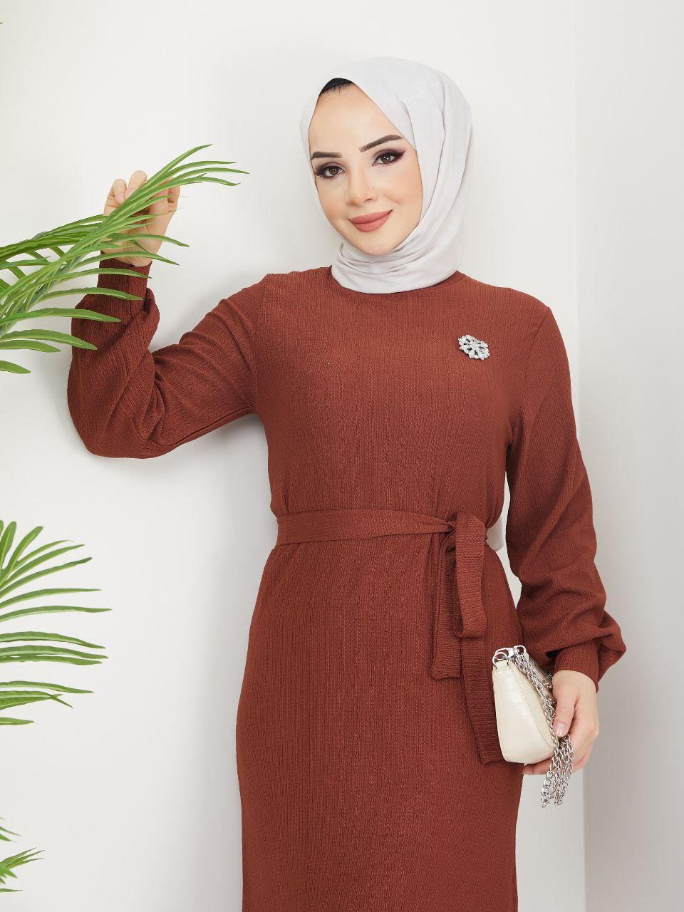 Broş Taşlı Tesettür Elbise 6038 Kiremit