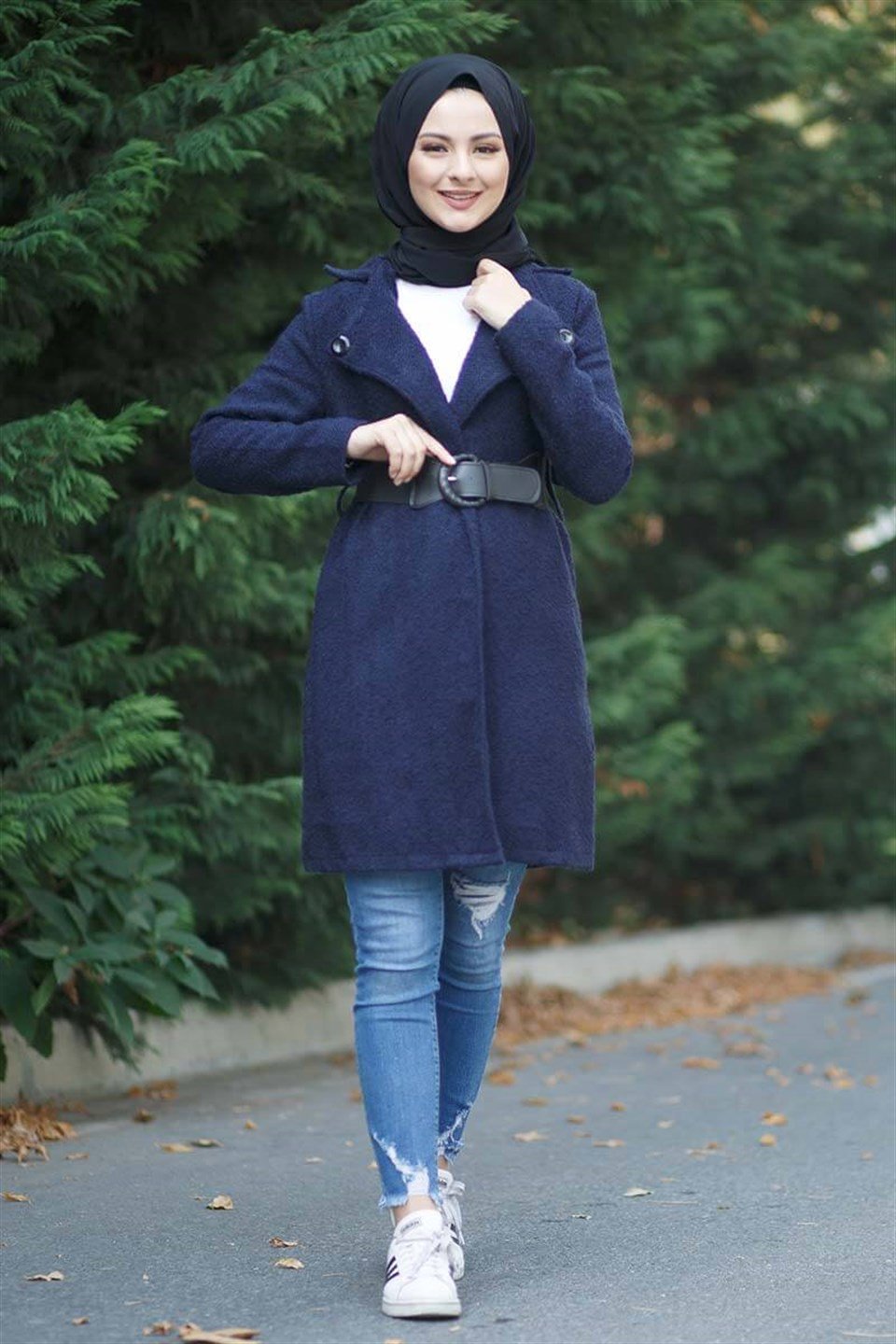 Ceket Yaka Kemerli Buklet Kaban 5955 Lacivert
