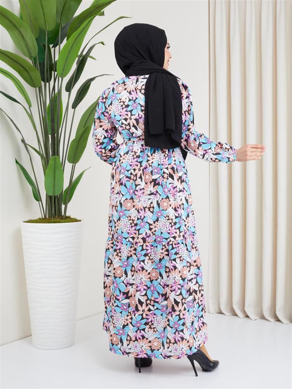 Çiçek Desenli Tesettür Elbise 6035 Desen4