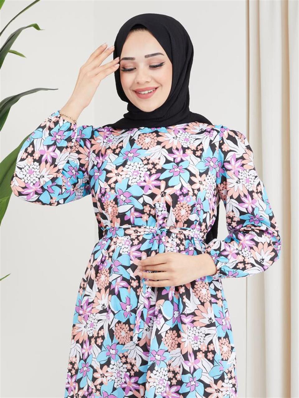 Çiçek Desenli Tesettür Elbise 6035 Desen4