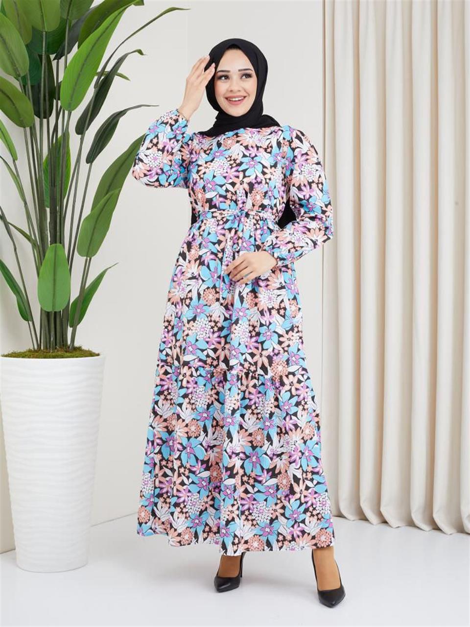 Çiçek Desenli Tesettür Elbise 6035 Desen4