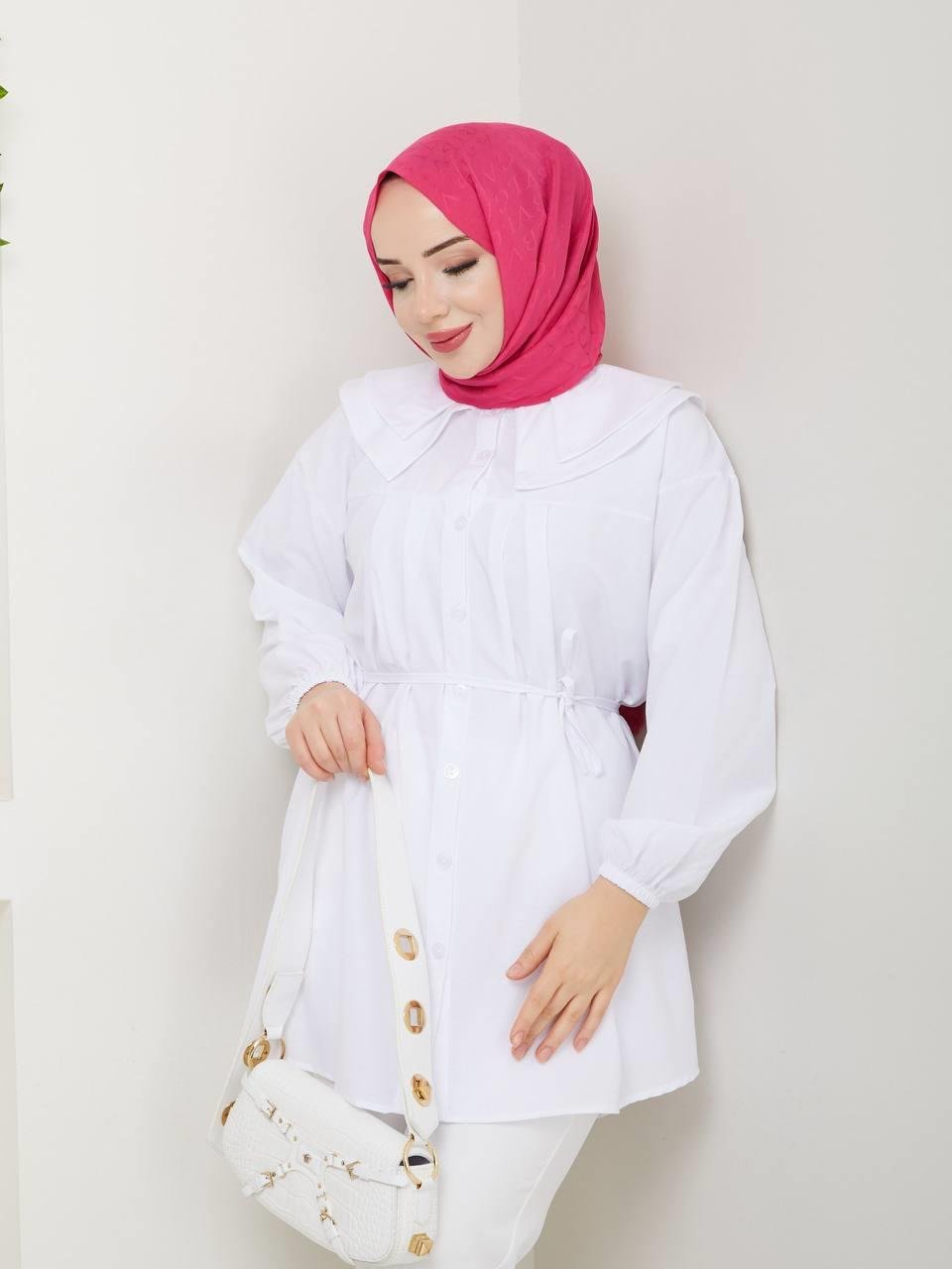Çift Katlı Bebe Yaka Tesettür Tunik 2275 Ekru