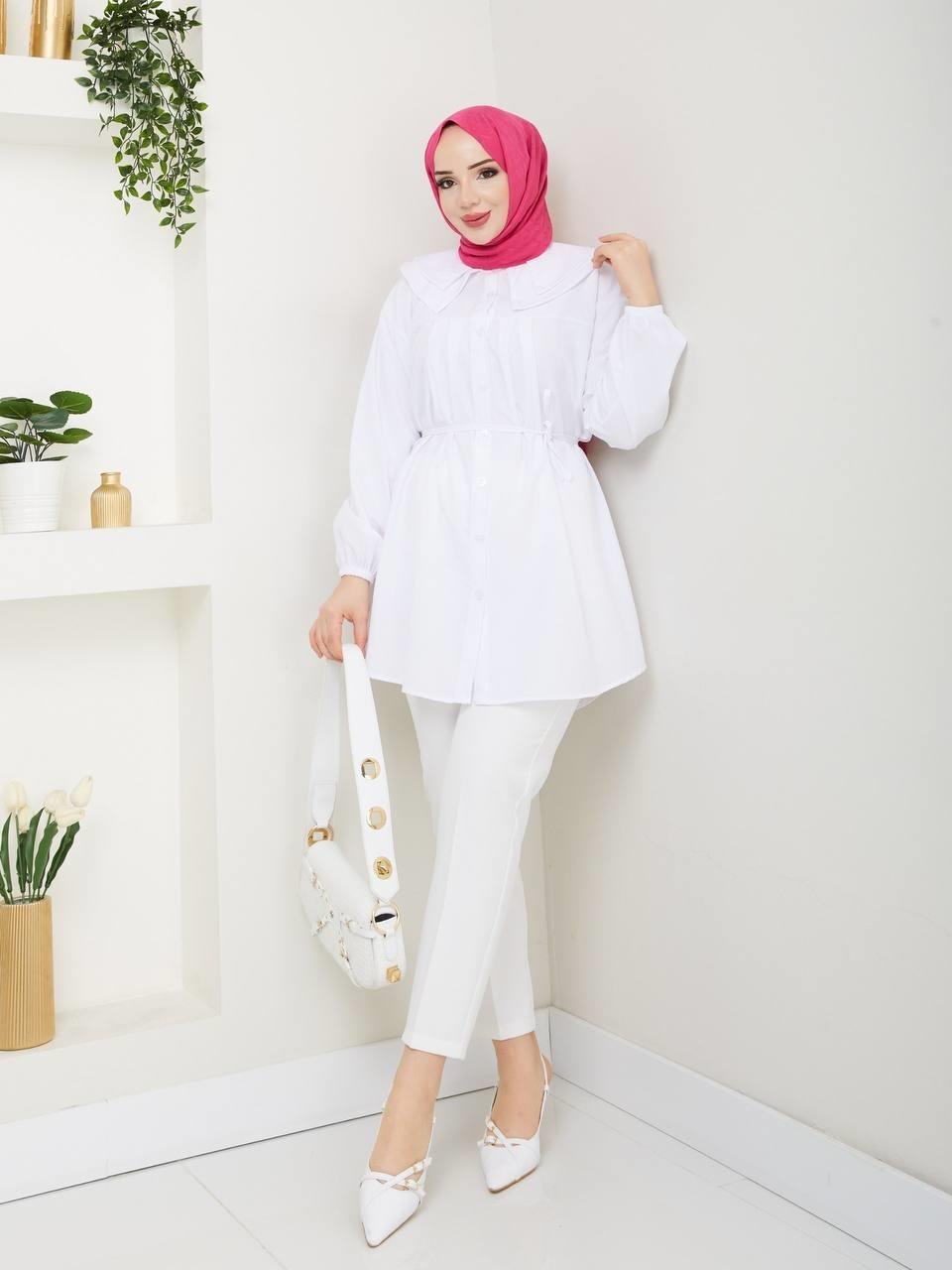 Çift Katlı Bebe Yaka Tesettür Tunik 2275 Ekru