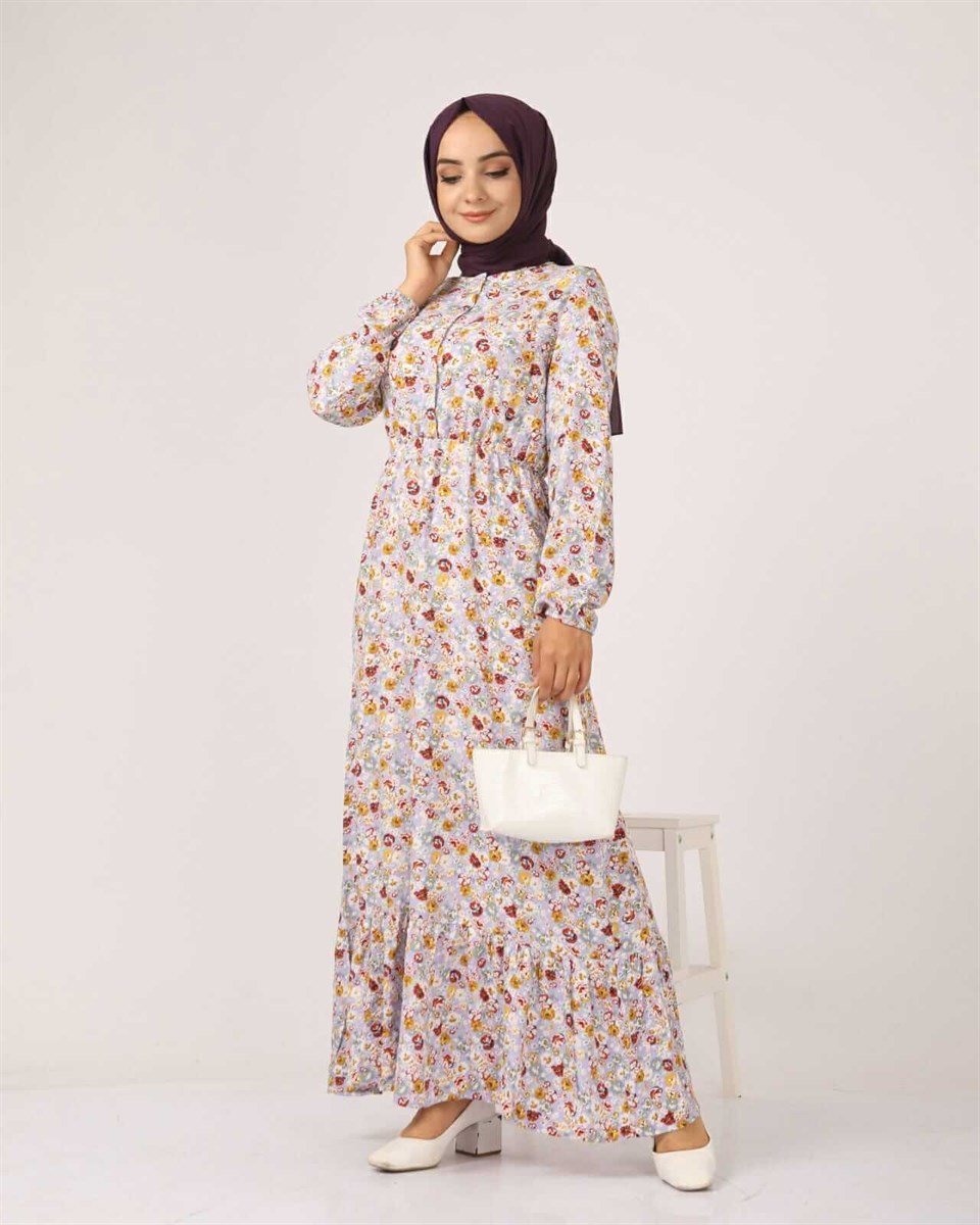 Çıtır Çiçek Desen Tesettür Elbise BLB 8800-36 Lila