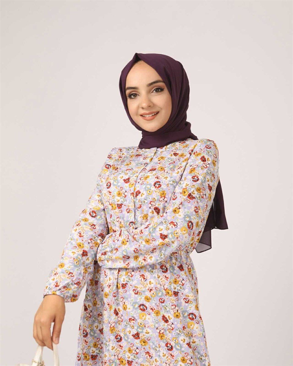 Çıtır Çiçek Desen Tesettür Elbise BLB 8800-36 Lila