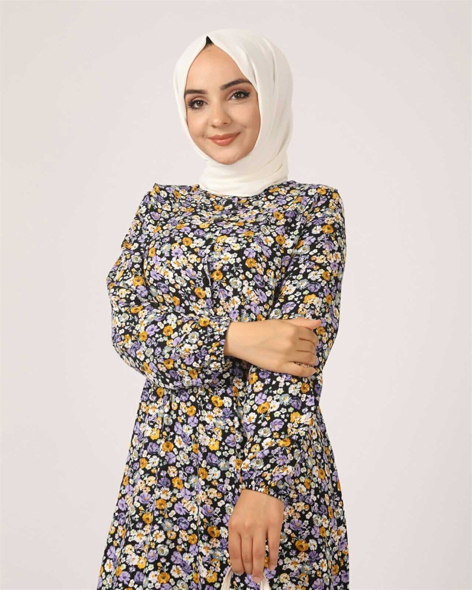 Çıtır Çiçek Desen Tesettür Elbise BLB 8800-36 Mor