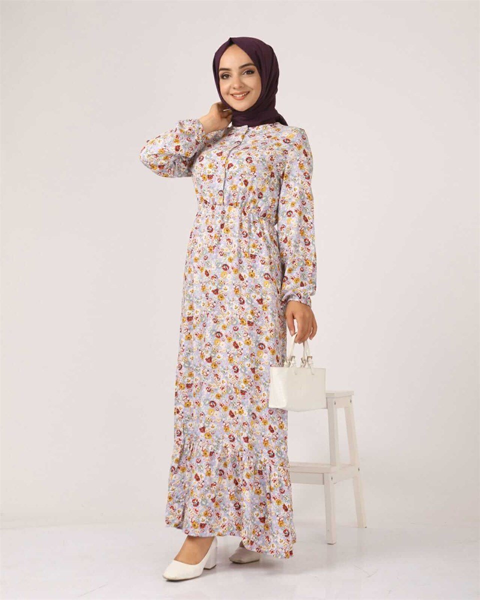 Çıtır Çiçek Desen Tesettür Elbise BLB 8800-36 Lila