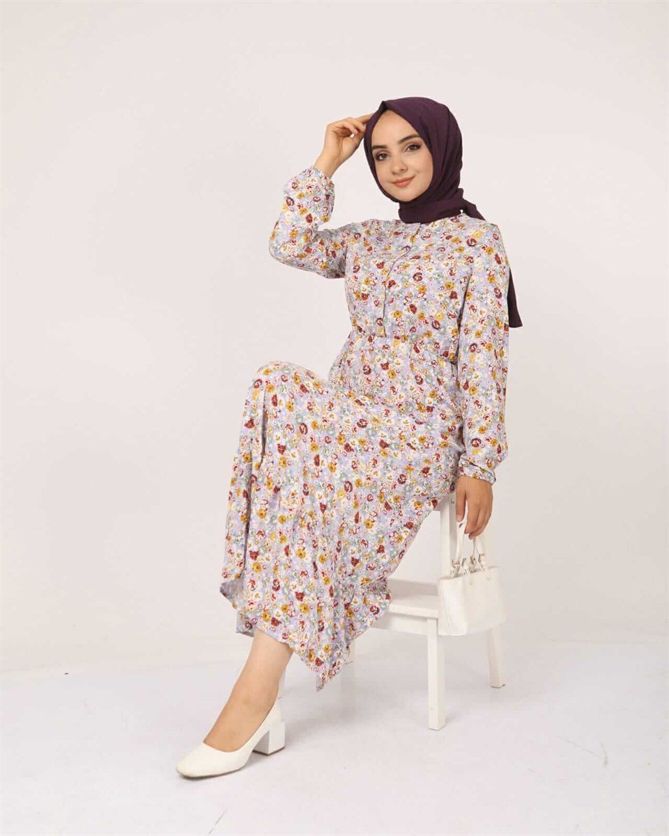 Çıtır Çiçek Desen Tesettür Elbise BLB 8800-36 Lila