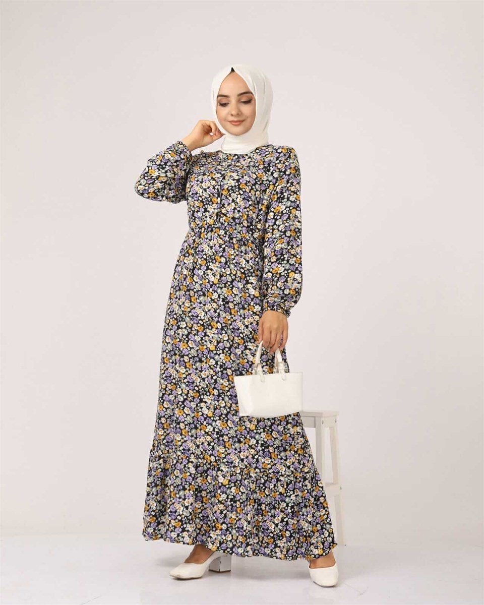 Çıtır Çiçek Desen Tesettür Elbise BLB 8800-36 Mor