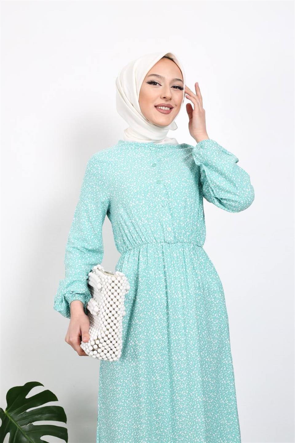 Çıtır Çiçek Desen Tesettür Elbise BLB 8800-68 Mint