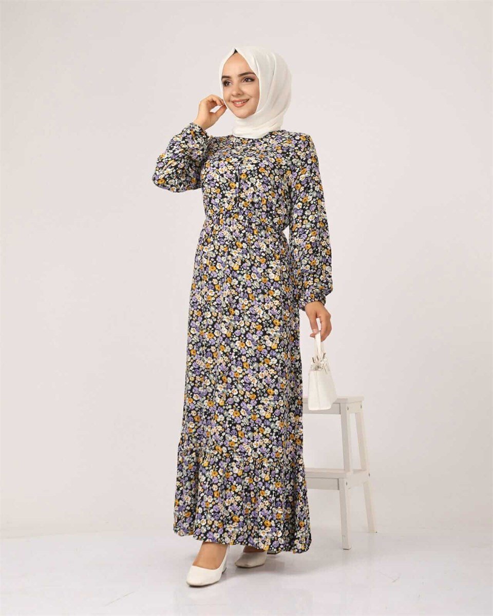 Çıtır Çiçek Desen Tesettür Elbise BLB 8800-36 Mor