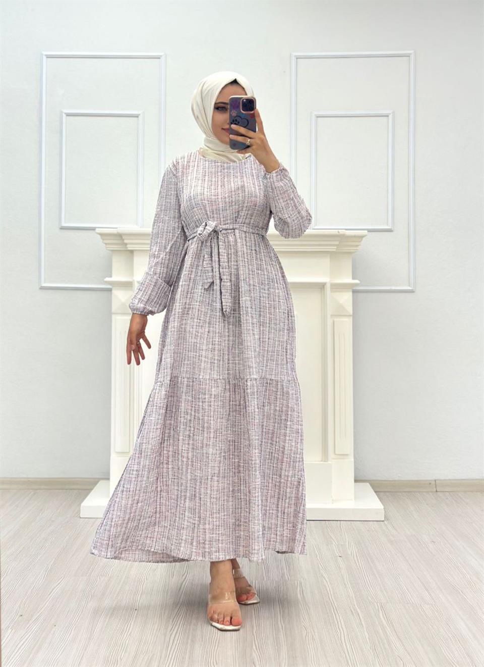 Çizgili Tesettür Elbise 6065 Bordo