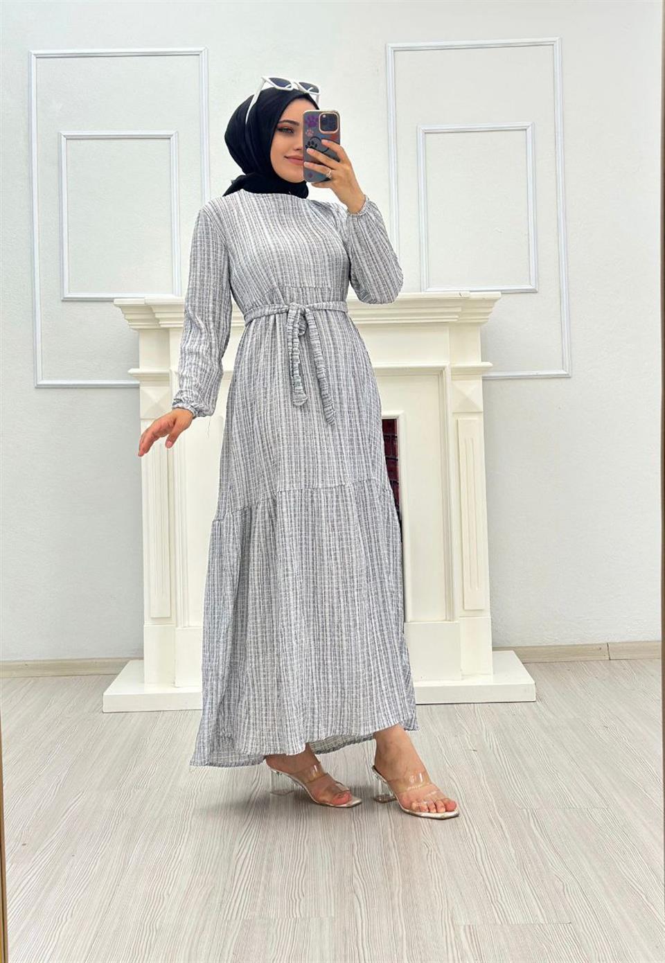 Çizgili Tesettür Elbise 6065 Gri