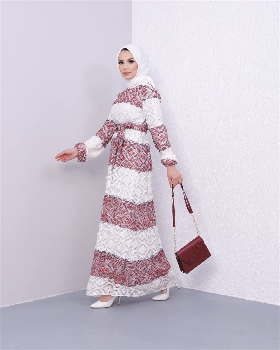 Dantel Tesettür Elbise 2216 Bordo