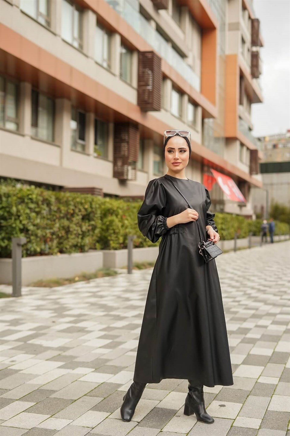 Deri Tesettür Elbise 10619 Siyah