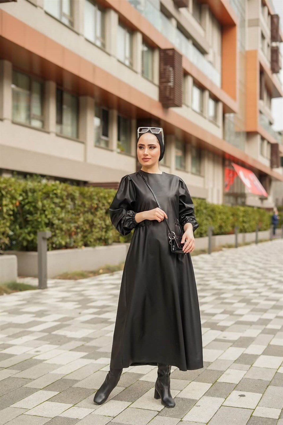 Deri Tesettür Elbise 10619 Siyah