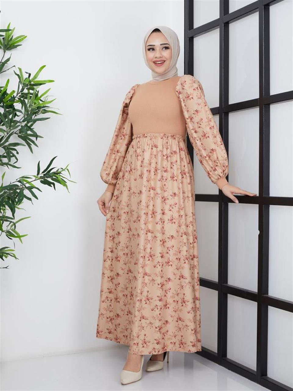 Desenli Garnili Tesettür Elbise 6071 Bej