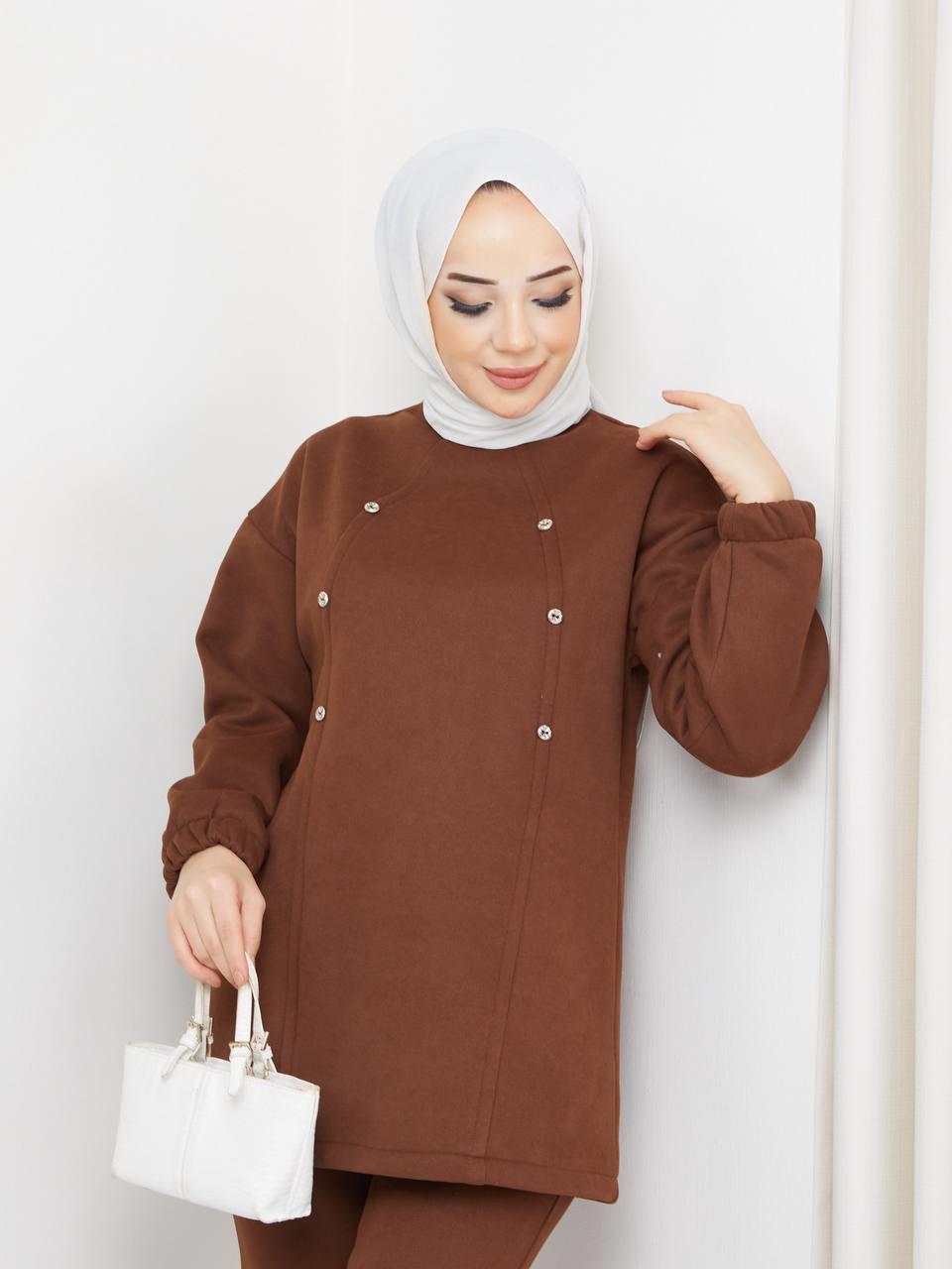 Düğme Detaylı Tesettür Takım 5008 Taba