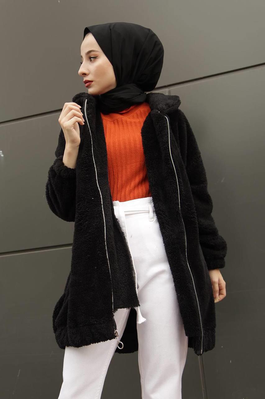 Fermuarlı Peluş Tesettür Hırka 4002 Siyah