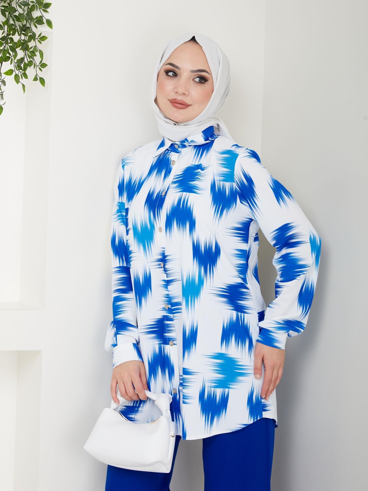 Fırça Desenli Tunik Pantolon Kombin 5023 Saks Mavisi