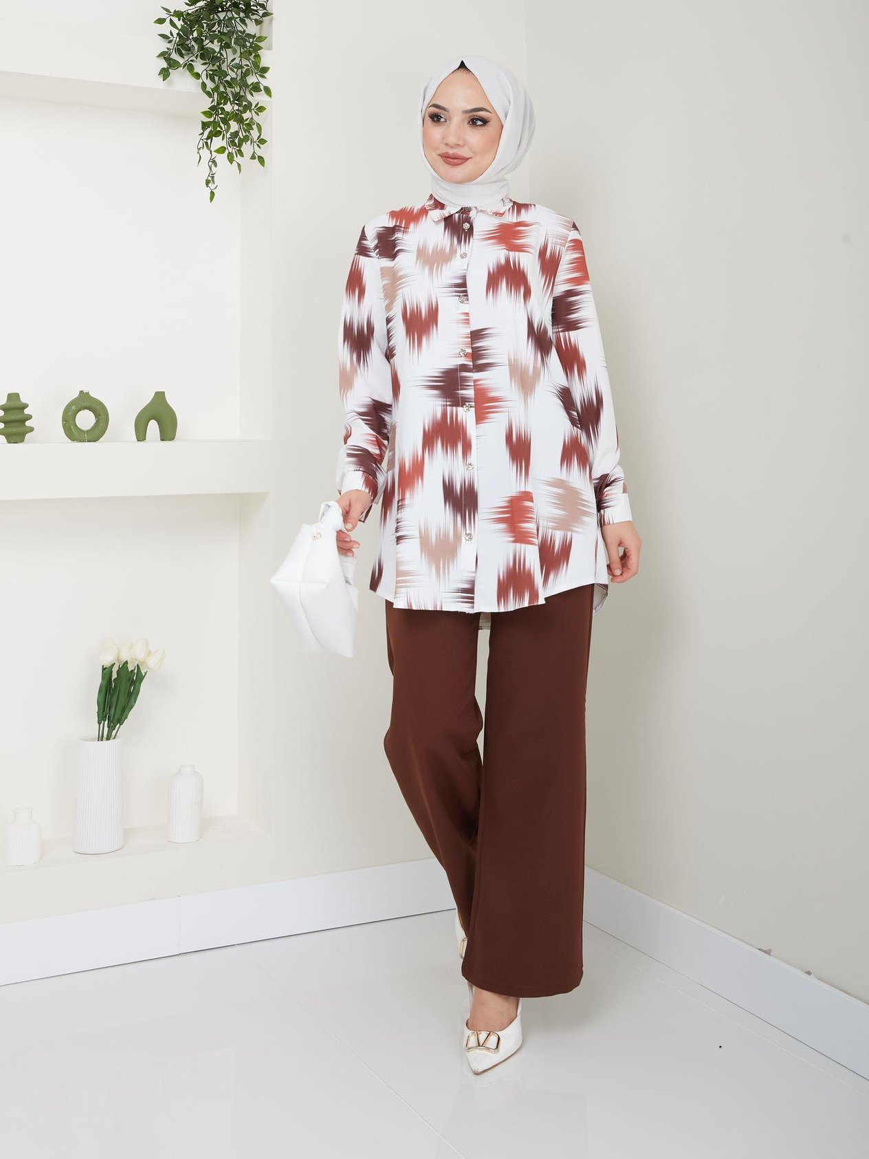 Fırça Desenli Tunik Pantolon Kombin 5023 Taba
