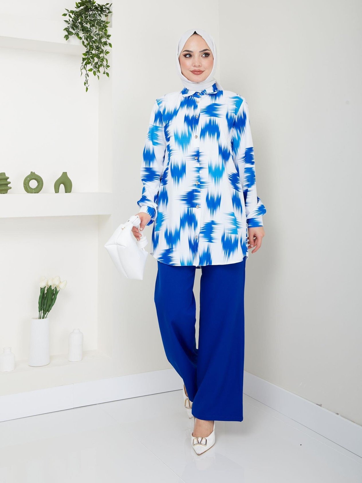 Fırça Desenli Tunik Pantolon Kombin 5023 Saks Mavisi