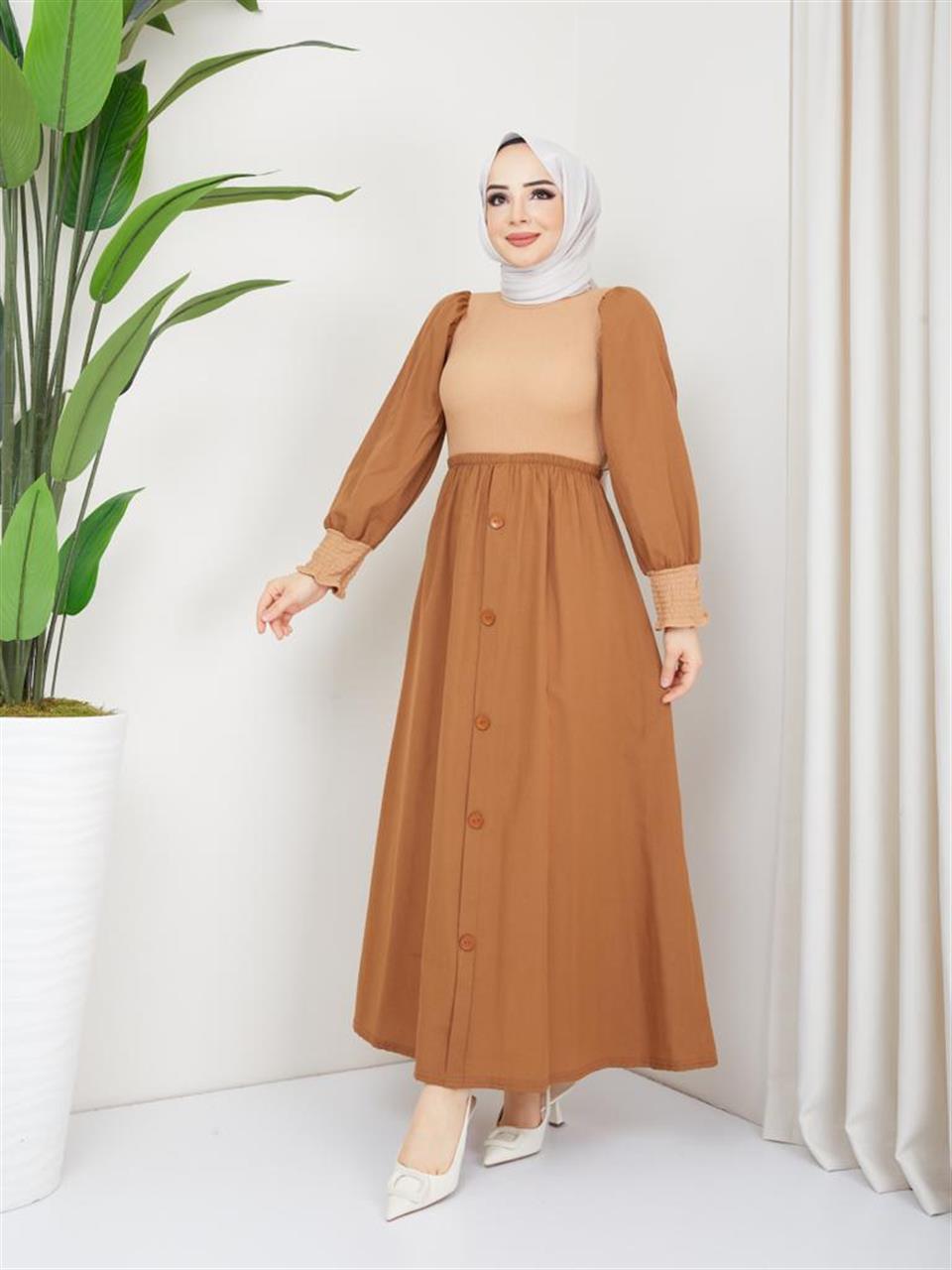 Garnili Tesettür Elbise 6039 Sütlü Kahve