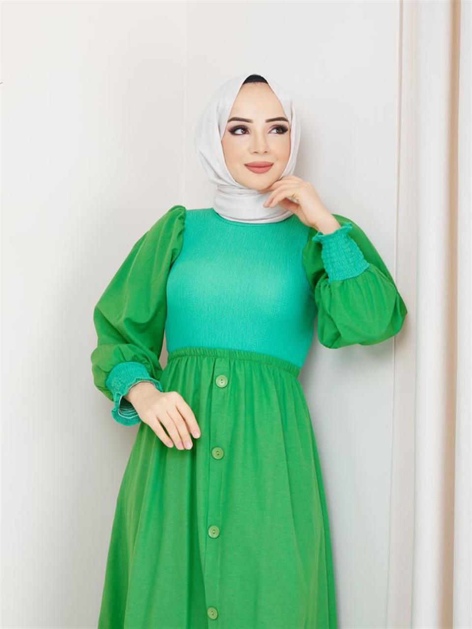 Garnili Tesettür Elbise 6039 Yeşil