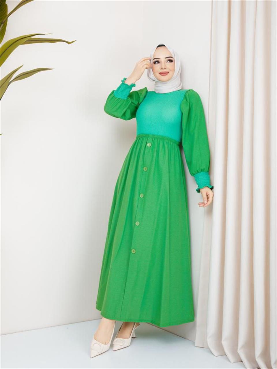 Garnili Tesettür Elbise 6039 Yeşil