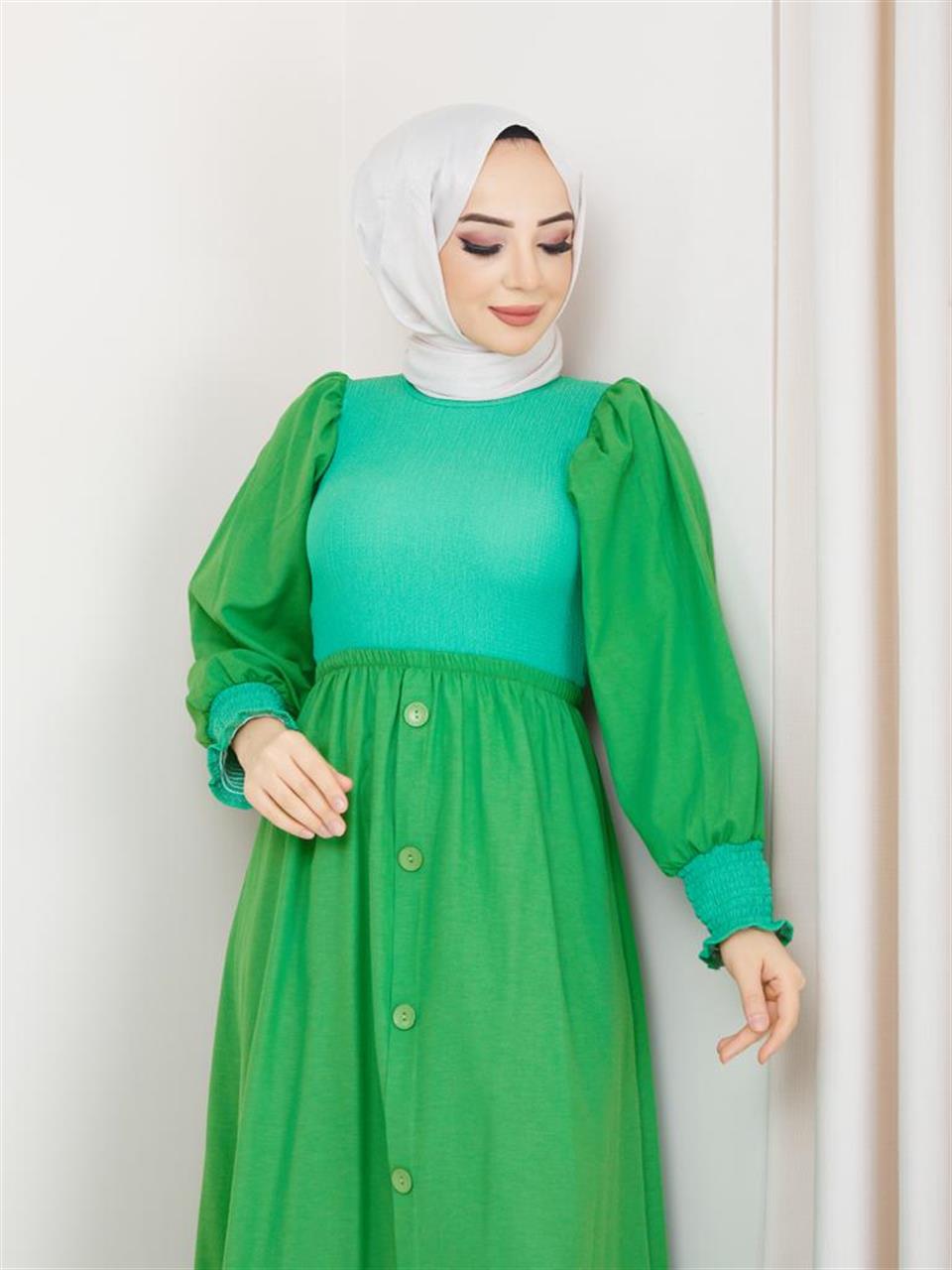 Garnili Tesettür Elbise 6039 Yeşil