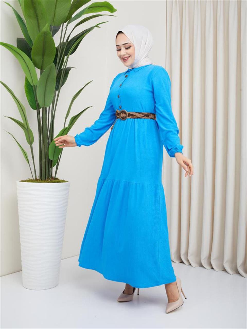 Hasır Kemerli Tesettür Elbise 6033 İndigo